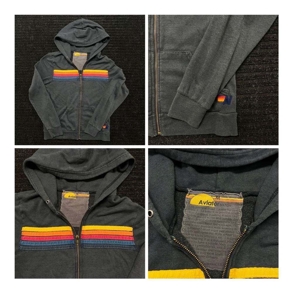 Aviator Nation 5 Stripe Zip Up Hoodie Charcoal Gray Rainbow Fleece Medium